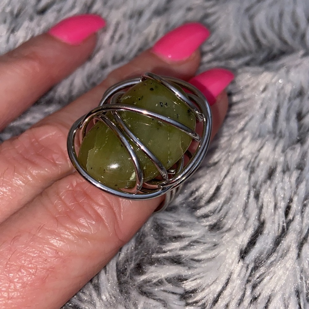 Statement Ring Large Green Stone In Silver Wire S… - image 5
